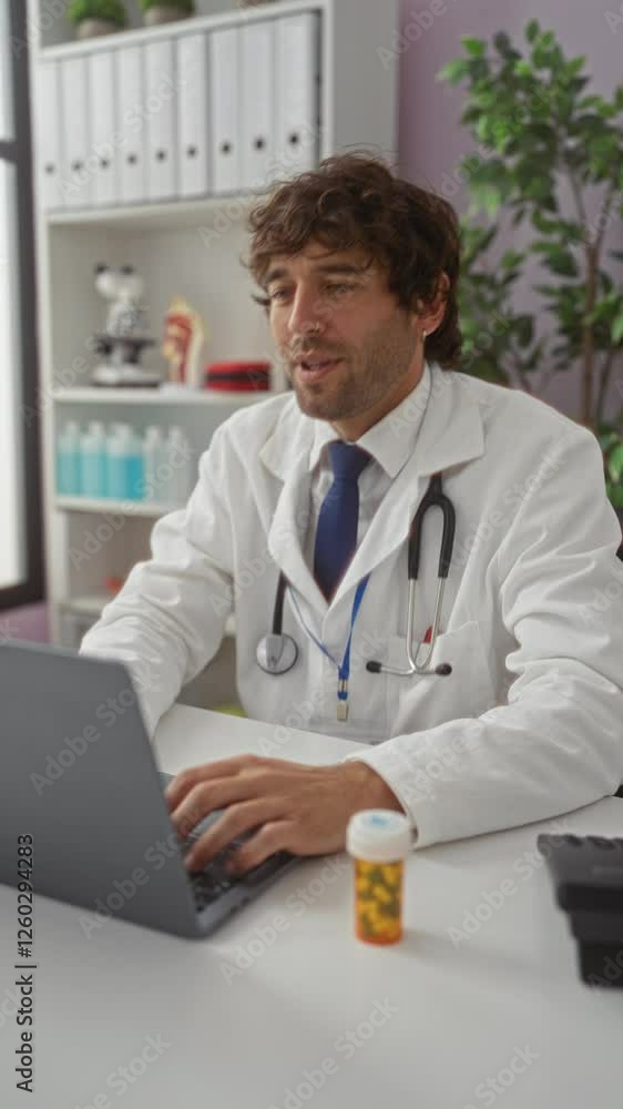 Doctor working on a laptop in a clinic office, appearing pleased while surrounded by medical supplies and wearing a stethoscope and id badge. Doctor working on a laptop in a clinic office, appearing pleased while surrounded by medical supplies and wearing a stethoscope and id badge.