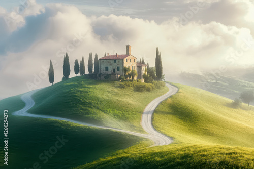 Obraz na płótnie Hügelige Landschaft in der Toskana mit einem Haus umgeben von Zypressen auf einem Hügel am Morgen, Morgennebel, Italien, Generative AI w salonie