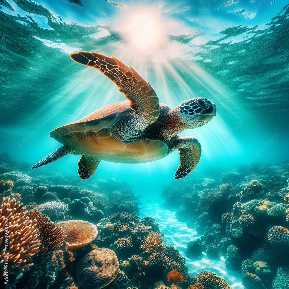 Fototapeta premium Sea Turtle Gliding Through Vibrant Coral Reef Under Sunlit Ocean Waters