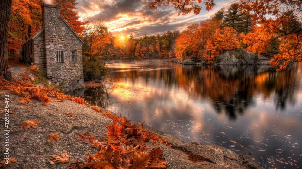 view of a house in the countryside in the afternoon decorated with trees and autumn view of a house in the countryside in the afternoon decorated with trees and autumn