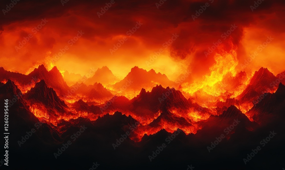 Naklejka premium Intense wildfire glowing in vivid orange and red tones, with thick smoke symbolizing power, destruction, and resilience.