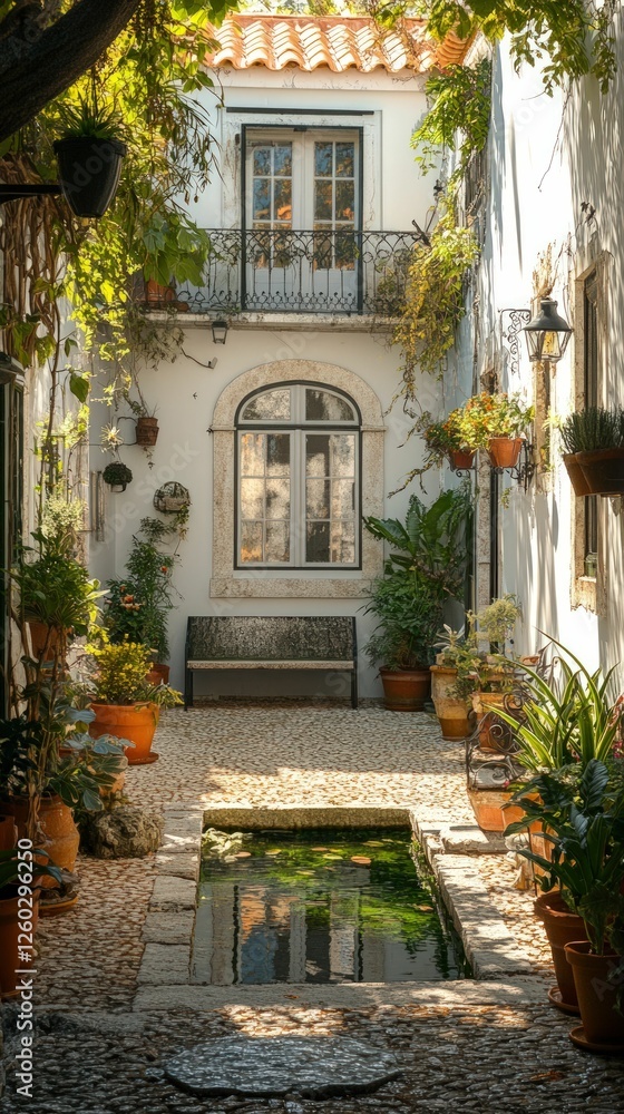 Fototapeta premium Serene courtyard garden with reflecting pool, plants, and bench.