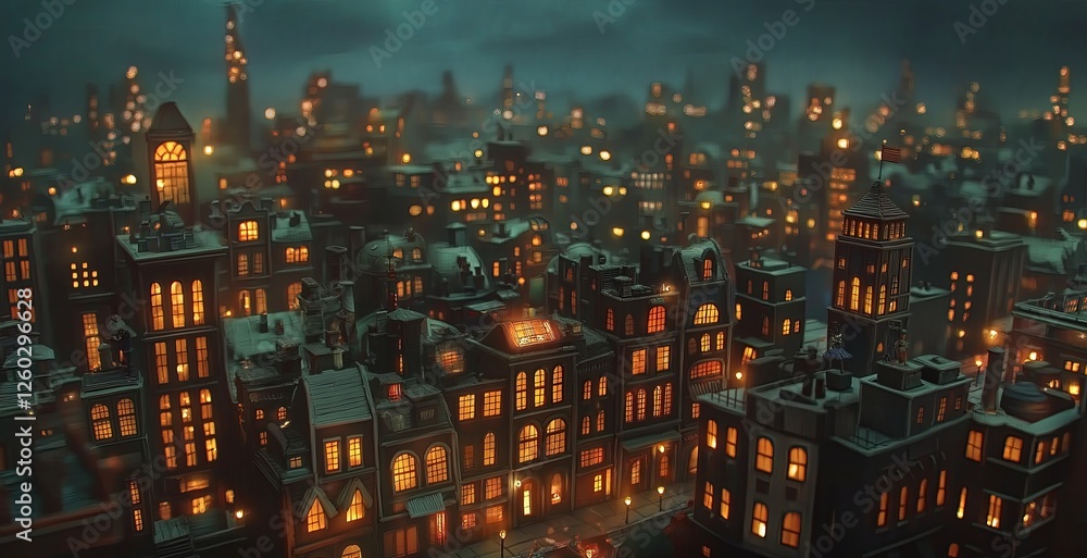 Fototapeta premium A winter cityscape at night, with snow-covered rooftops and glowing warm windows creating a cozy and festive holiday atmosphere. 
