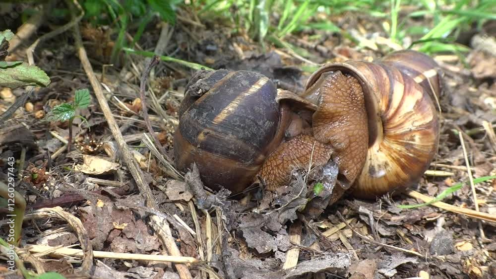 Three medium-sized grape snails with brown shells copulate in the forest floor in the summer close-up Three medium-sized grape snails with brown shells copulate in the forest floor in the summer close-up