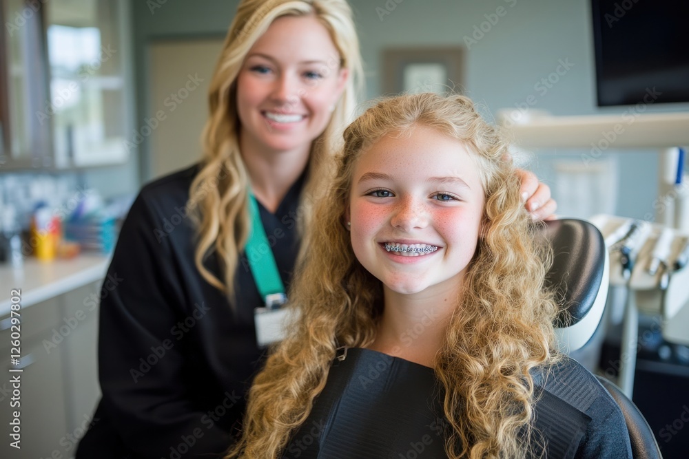 Young caucasian female child smiling with braces at dental appointment. Young caucasian female child smiling with braces at dental appointment.