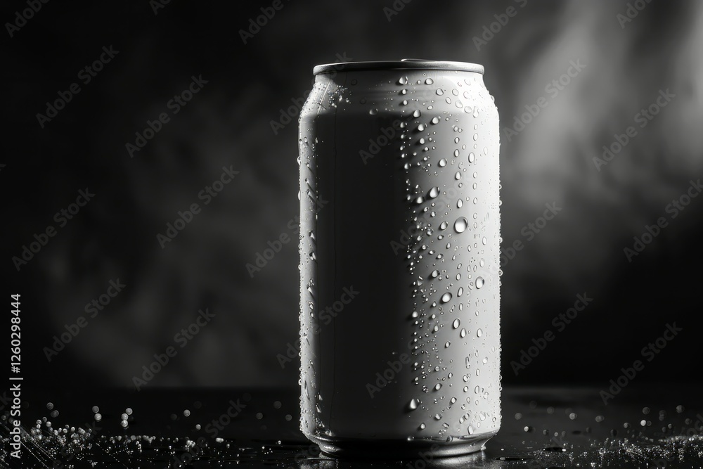 Aluminum beverage can with cold water droplets. AI image Aluminum beverage can with cold water droplets. AI image