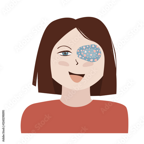 Cute little girl with an eye closed with sticking eye plaster. Amblyopia, strabismus, or lazy eye treatment. Isolated vector illustration.