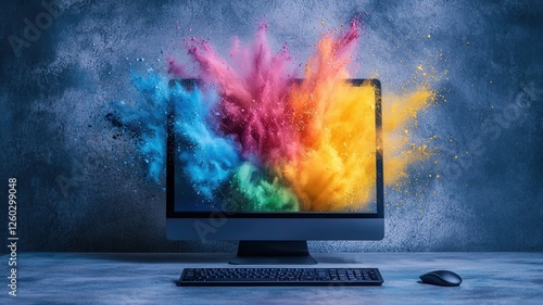 Creative computer exploding with splashes of colorful paint on desktop, concept. Think differently and work process, creative idea