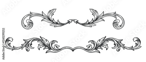 Vintage Floral baroque ornaments oriental design. Victorian border frame decorative elements, flourish, swirl, filigree, heraldic engraved with acanthus leaves. Classic ornamental vector illustration