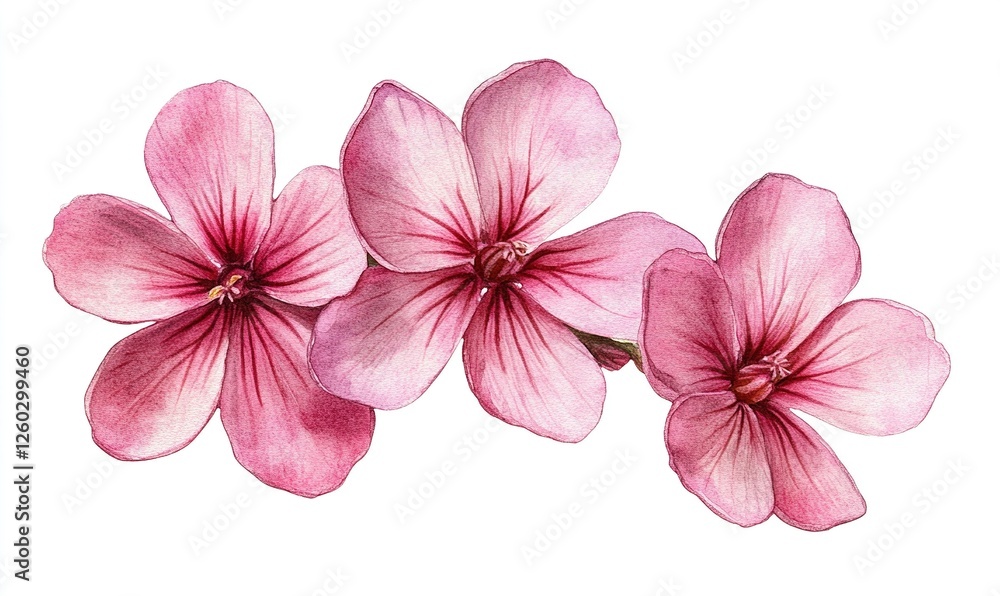 Obraz premium Three pink flowers on a stem, isolated on white
