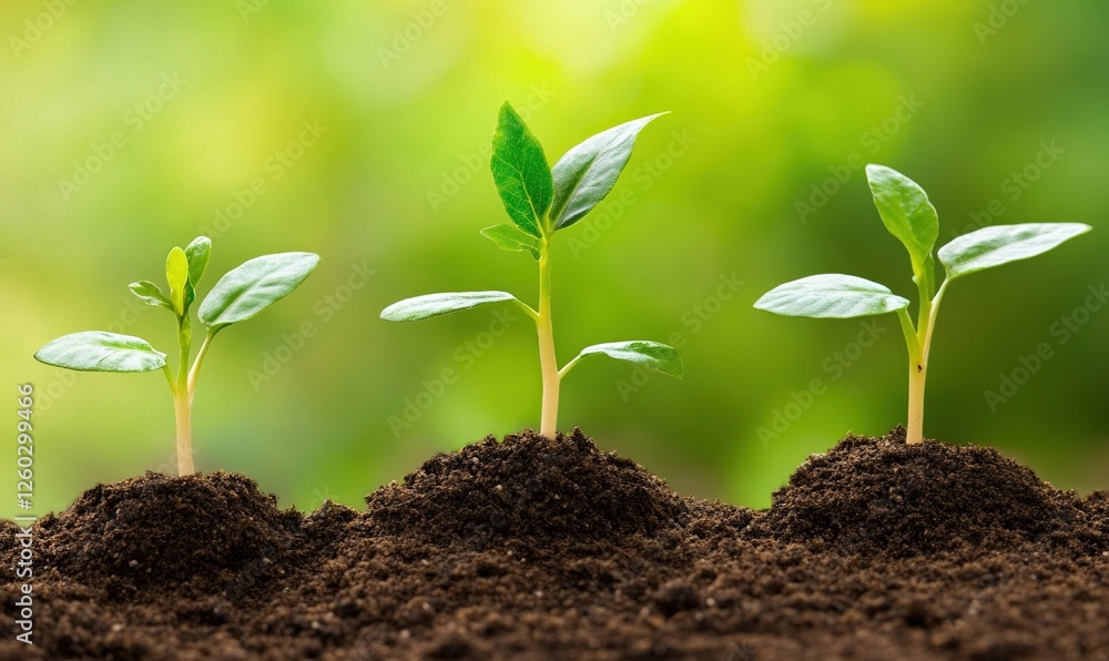 Fototapeta premium Three growing plant seedlings in soil, blurred green background, ideal for growth concepts