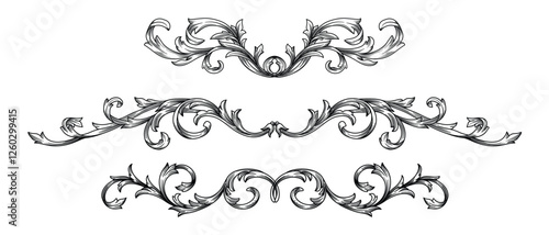 Set Vintage baroque element border frame engraving. Classic ornament filigree pattern. Antique rococo ornate decorative design for tattoo, certificate,  wedding invitation