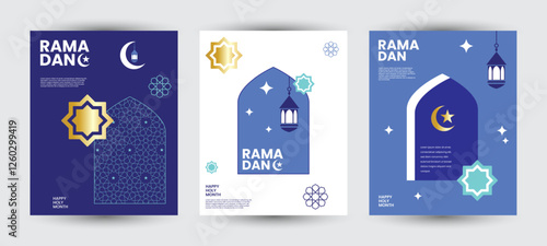 Set of Ramadan Kareem. Islamic banner, poster, greeting card template. Modern art design with pattern of beautiful Arabic ornament and typography in flat geometric style.
