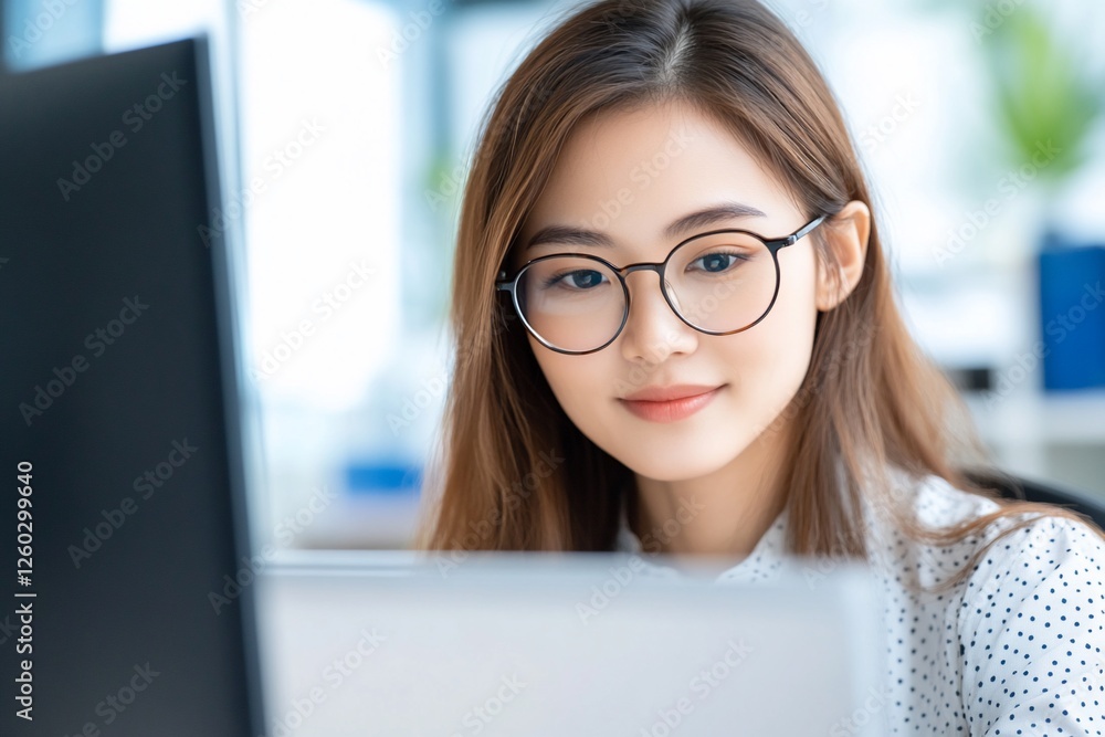 Young woman working on a laptop in a bright office space, focused Young woman working on a laptop in a bright office space, focused