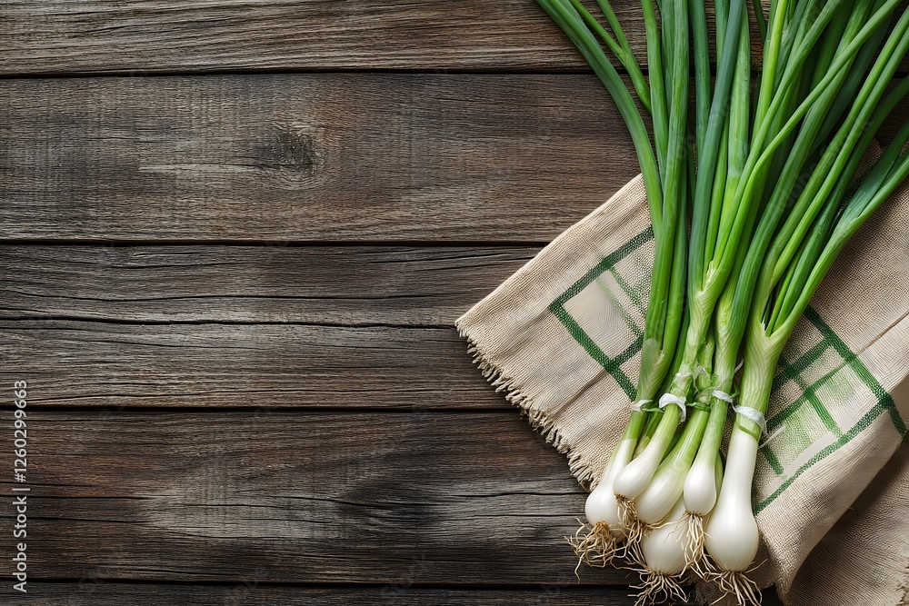 Ripe green onion on wooden table, top view with space for text Ripe green onion on wooden table, top view with space for text