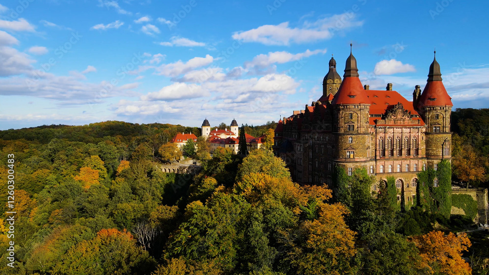 Ksiaz Castle Autumn View from Drone Walbrzych Poland Ksiaz Castle Autumn View from Drone Walbrzych Poland