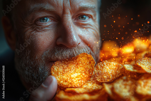 Caucasian mature male enjoying spicy potato chips with warm glow photo