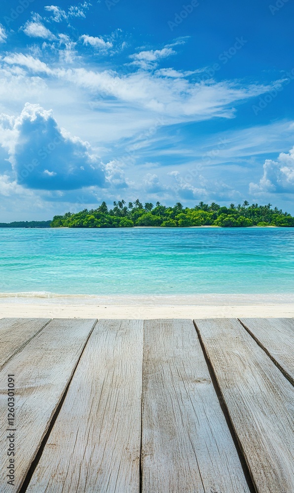 Fototapeta premium Tropical beach with wooden deck, turquoise water, island, blue sky, clouds. Ideal for travel ads