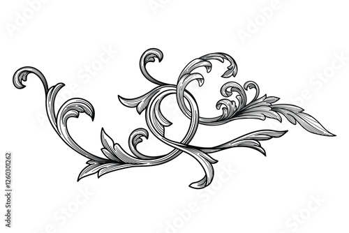 Flourish flower ornament scroll engraved classic element. Vintage Baroque, Rococo floral ornamental decorative design. Oriental vector heraldic shield swirl leaf, filigree calligraphic tattoo ornament