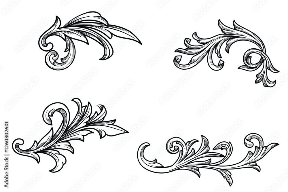 Collection of hand drawn of acanthus leaf floral  engraving, flourishes ornamental. Decorative design Baroque filigree engraved black and white ink art isolated vector illustration
