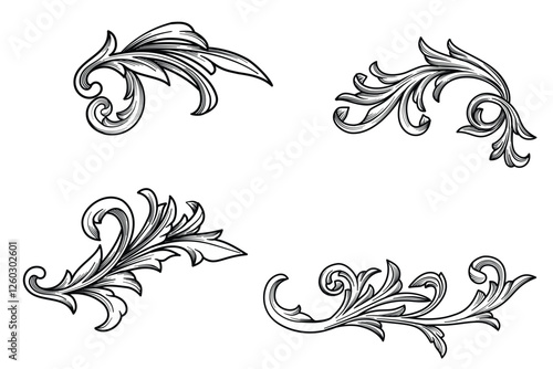 Collection of hand drawn of acanthus leaf floral  engraving, flourishes ornamental. Decorative design Baroque filigree engraved black and white ink art isolated vector illustration
