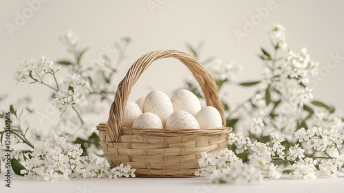 A charming wooden basket filled with intricately decorated eggs sits among a backdrop of lush white flowers, capturing the essence of springtime joy and festive traditions in a serene setting