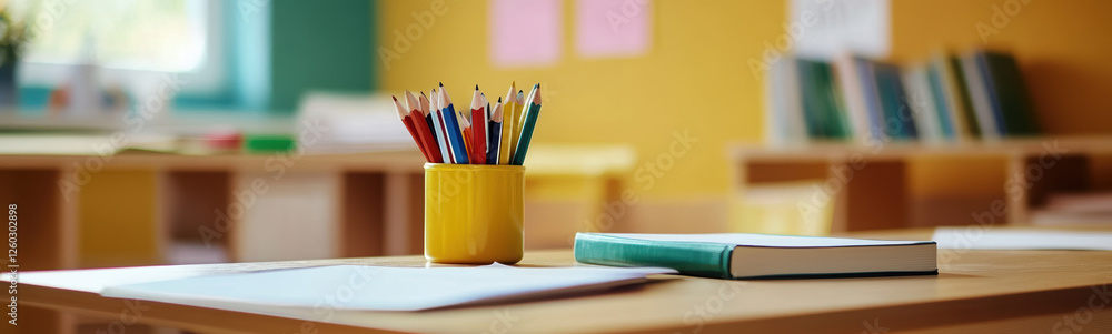 Fototapeta premium Vibrant Classroom Scene with Colorful Pencils in Yellow Cup and Books on Desk for Education and Learning Concepts