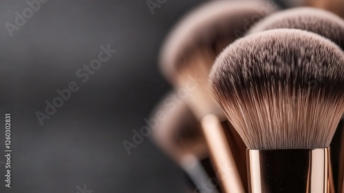 An artistic close-up of luxurious, ultra-soft makeup brushes with fluffy bristles, captured with a blurred dark background, highlighting elegance and beauty. photo