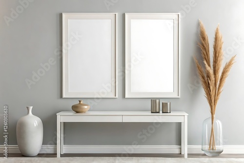 Two White Picture Frames on Gray Wall - Mockup for Artwork Display