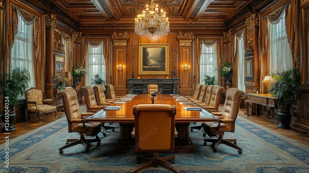 Fototapeta premium Luxurious wood-paneled conference room, elegant meeting.