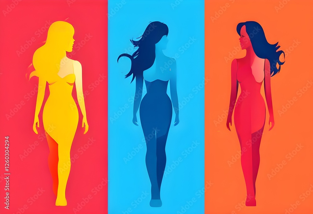 stylized female silhouettes in bright colors representing freedom and feminism stylized female silhouettes in bright colors representing freedom and feminism
