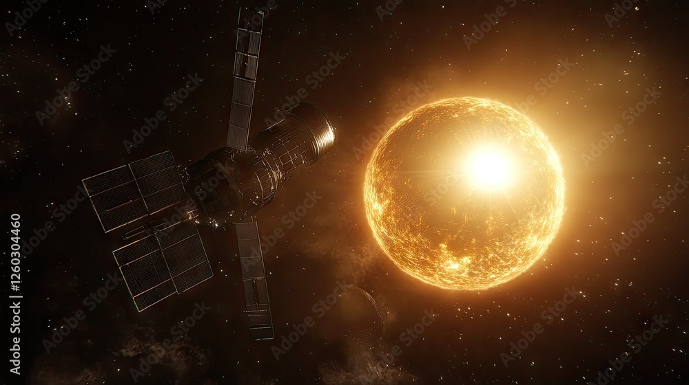 Fototapeta premium A futuristic satellite glides through space, with a massive planet below and the sun illuminating the scene.
