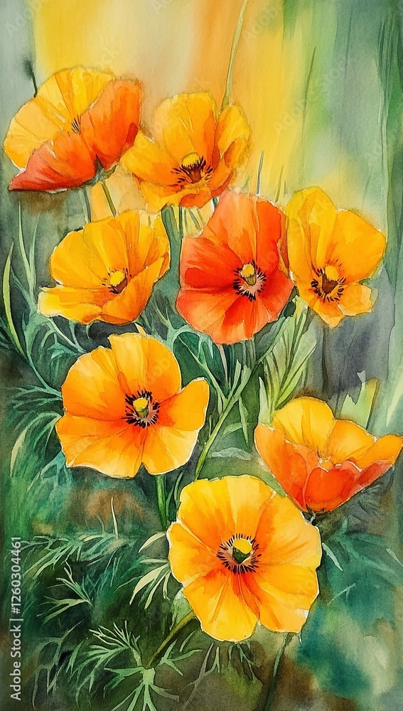 Fototapeta premium Watercolor painting of orange and red poppies in a garden setting with green foliage