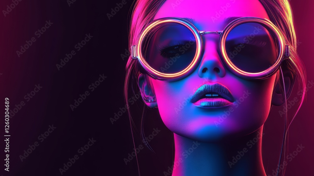 Neon Portrait of a Stylish Woman with Round Glasses in Vibrant Colors Neon Portrait of a Stylish Woman with Round Glasses in Vibrant Colors