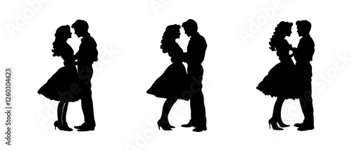 Vintage vector full black silhouette of a 1950s rockabilly couple dancing set isolated on white. Swing Time