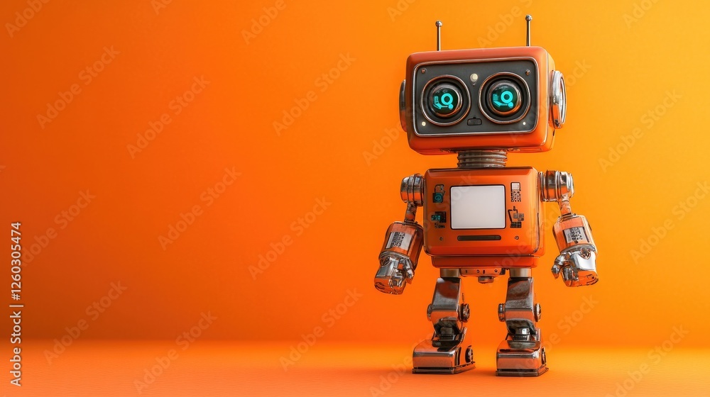 Fototapeta premium A high-tech yet adorable robot standing confidently, directing focus to a blank area for advertising or branding.