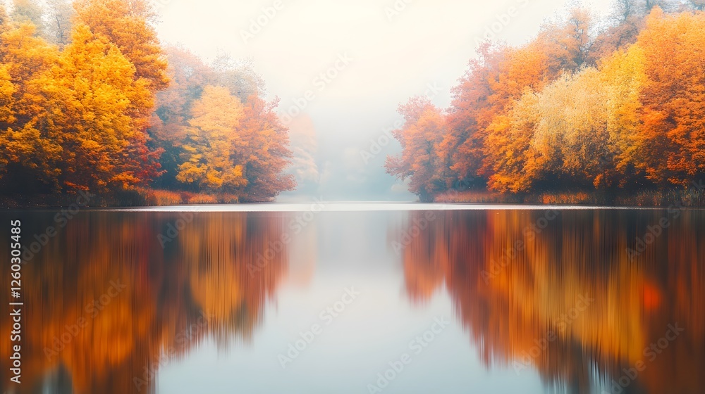 Colorful autumn trees reflecting on a tranquil misty lake Colorful autumn trees reflecting on a tranquil misty lake