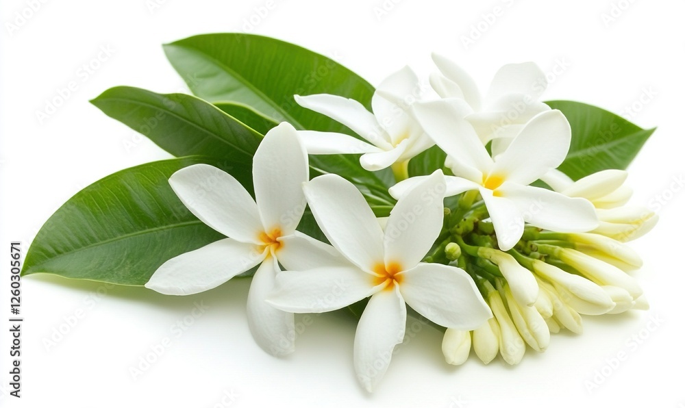 Obraz premium White gardenia blossoms and leaves isolated on white background, suitable for beauty or spa designs