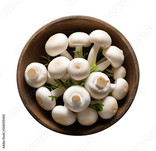 Fresh White Button Mushrooms in Wooden Bowl – High-Quality Food Photography