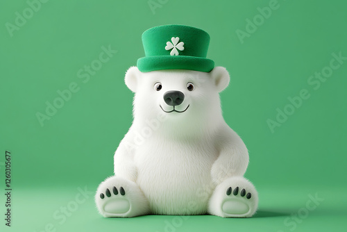 Cute polar bear wearing a green hat with a shamrock, sitting against a vibrant green background photo