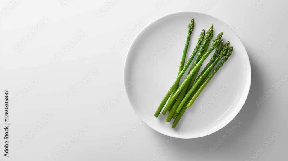 Fresh green asparagus arranged neatly on a simple white plate ready for preparation Fresh green asparagus arranged neatly on a simple white plate ready for preparation