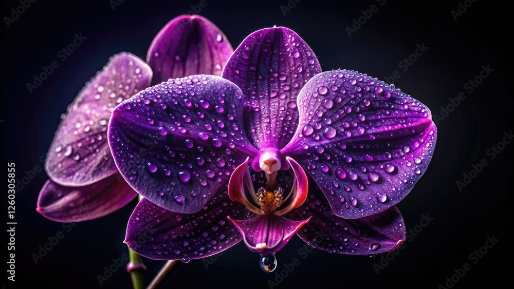 Night's floral embrace: a macro lens captures a beautiful dark purple orchid's vibrant violet hues. Night's floral embrace: a macro lens captures a beautiful dark purple orchid's vibrant violet hues.