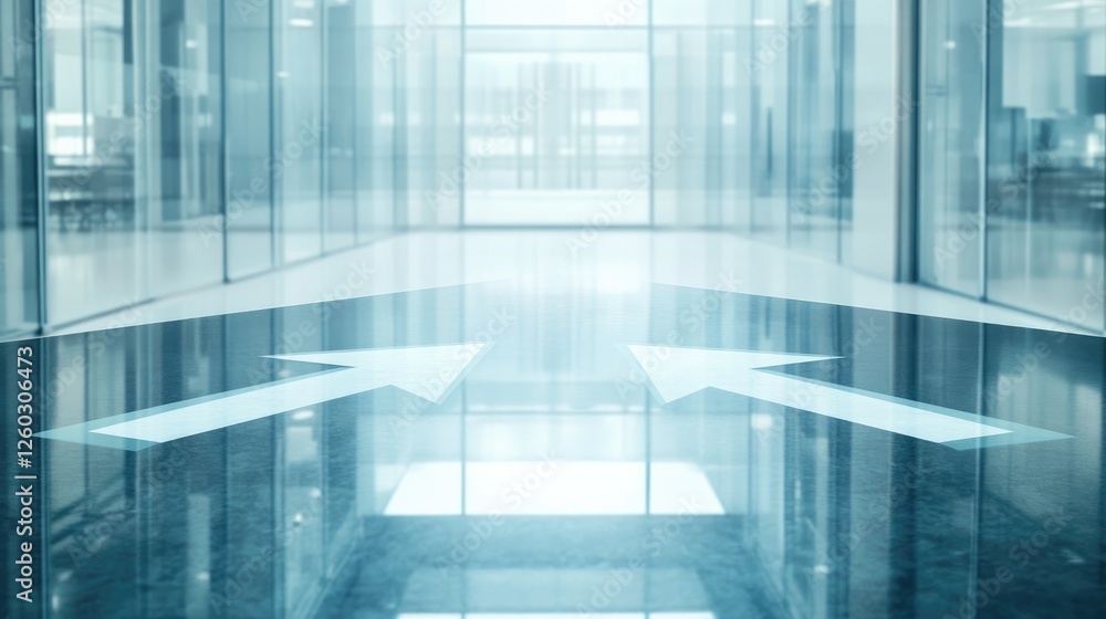 Fototapeta premium Two glowing arrows converging into one on a sleek glass table, symbolizing business merger, partnership, collaboration, and strategic alliance concepts.