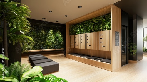 Serene Spa Locker Room: Modern Minimalist Design with Lush Greenery