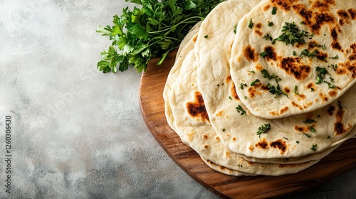 A tempting ensemble of freshly baked flatbreads garnished with herbs on a wooden surface, showcasing a harmonious blend of flavors and textures. photo