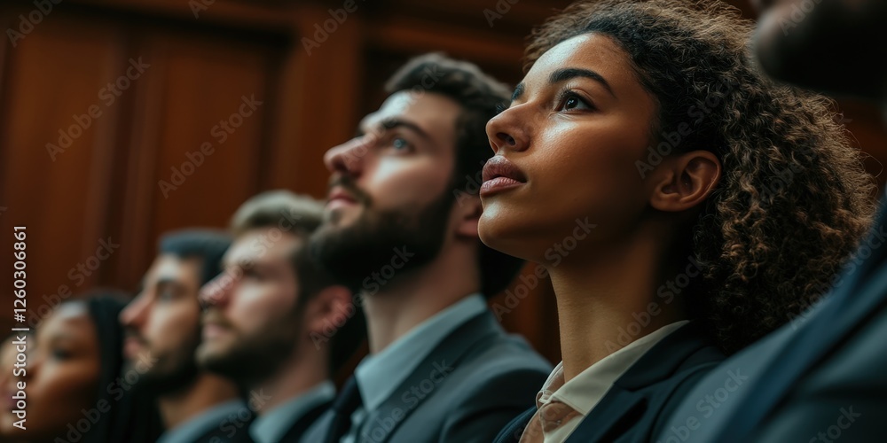 Obraz premium Intimate gathering by a richly paneled wall; engaging close-up accentuates vibrant faces and intriguing textual detail to the right