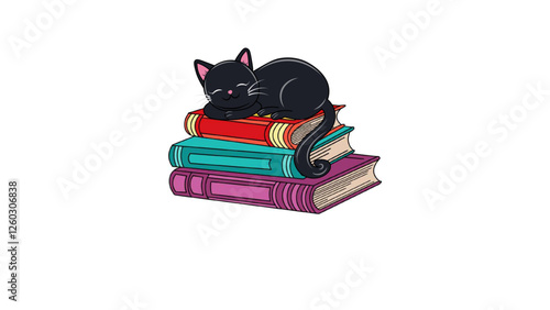 Cute Sleeping Black Cat on Books Vector – Adorable Cartoon Kitty Illustration for Book Lovers, Stickers, Logos, and Digital Designs