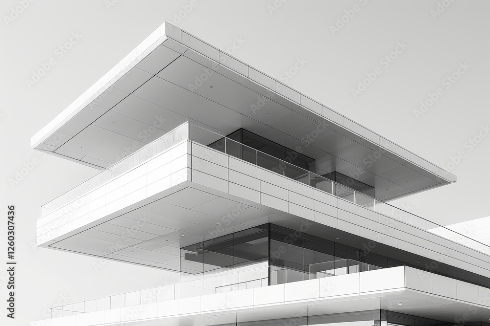 Fototapeta premium Sleek white modernist building with cantilevered design, focusing on sharp lines, minimal details, and expansive glass windows, representing clean, futuristic architectural innovation.