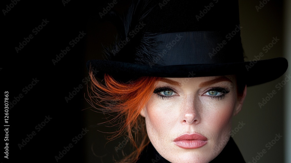 Fototapeta premium a woman with red hair wearing a black top hat with feathers adorning it The background is slightly blurred, giving the image a dreamy feel