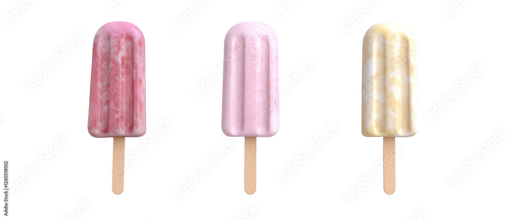 Summer Ice Pops Trio: Three vibrant ice pops in pink, light pink, and yellow, presented against a clean backdrop. A refreshing image perfect for summer promotions. Summer Ice Pops Trio: Three vibrant ice pops in pink, light pink, and yellow, presented against a clean backdrop. A refreshing image perfect for summer promotions.